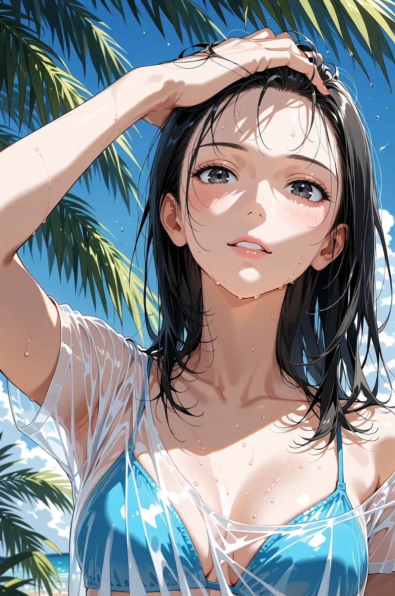 澄んだ青い空とヤシの葉に包まれた屋外で、黒い長髪の少女が優しい表情で見上げています。透光感のある白いシャツとブルーの水着姿で、夏の日差しと水滴が輝く爽やかなポートレートです。