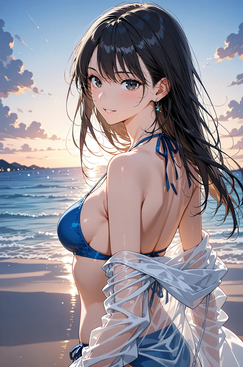 夕日が海を染める浜辺で、黒髪をなびかせながら微笑む少女。青のビキニに白いシフォンを羽織った爽やかなアニメ調イラスト。夕焼け雲と光が映る水面が、清涼感あふれる夏の一瞬を切り取ります。