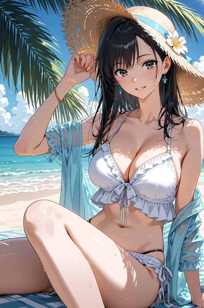 澄み切った青空と海が広がるビーチで、麦わら帽子を被った黒髪の美少女がポーズを決めています。白とブルーのラッフル装飾の水着に薄い羽織を合わせた爽やかなリゾートコーディネートで、優美な表情と自然な仕草が印象的なアニメ調イラストです。
