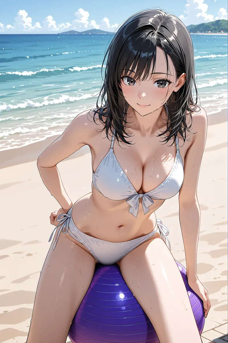 白いビキニを身に纏い、砂浜で爽やかな笑顔を浮かべる黒髪の少女。背景には透き通った海と白い雲が広がり、夏の日差しが肌に優しく反射しています。リゾート気分溢れるアニメ調イラストです。