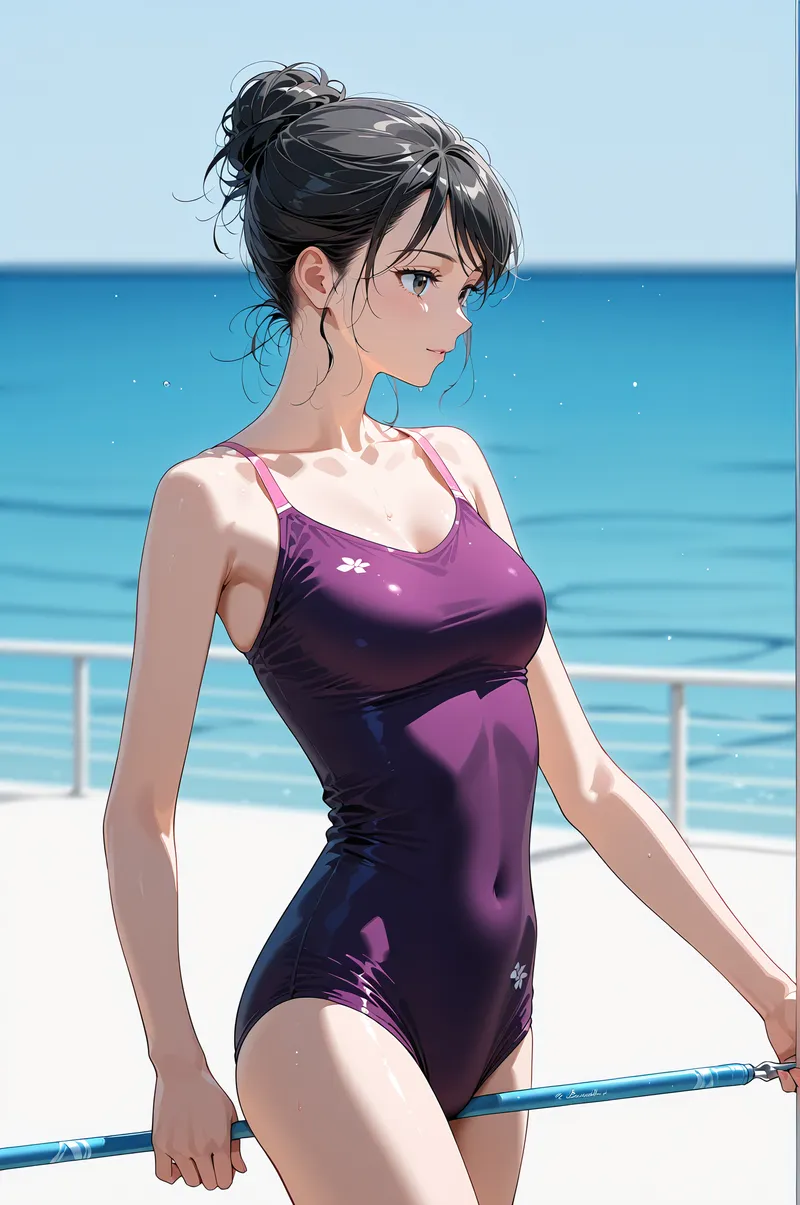 黒髪をまとめた少女が、紫系の水着姿で海を背景に佇むアニメ調イラストです。爽やかな夏の海辺の雰囲気が美しく表現されています。