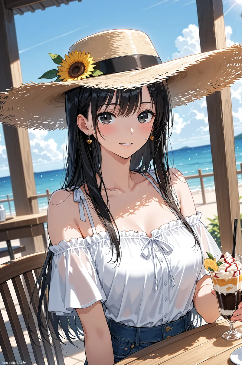 黒髪にひまわりを挿した麦わら帽子を被った少女が、海辺のテラス席でドリンクを片手に爽やかな笑顔を浮かべています。白いオフショルダーの装いと青い空が映える夏の情景です。