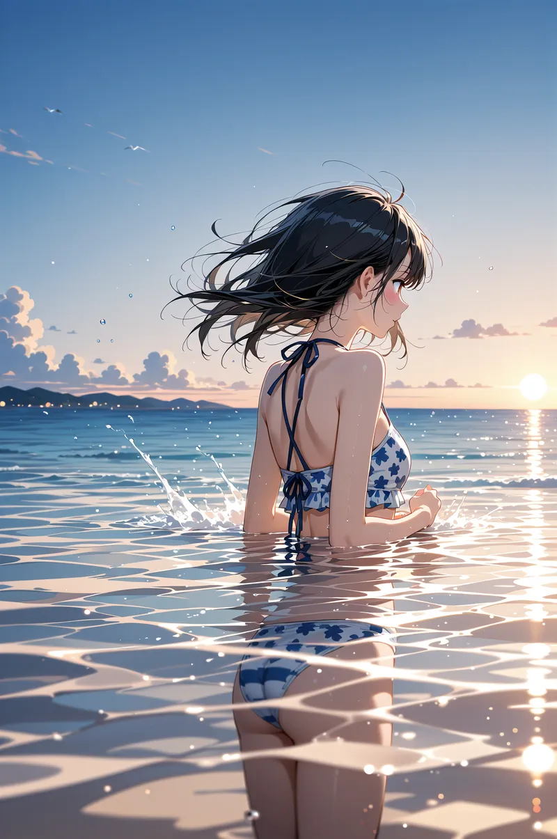 夏の海辺で静かに水に浸かり、風になびく黒い長髪をした少女のポートレート。青と白の水着を身につけ、沈む夕日に照らされた波間で後ろ姿を見せています。爽やかな青空と金色に輝く海面が印象的な、穏やかで詩的なアニメ調イラストです。