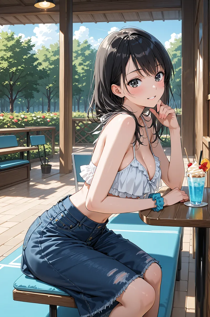 黒髪をなびかせた美少女がカフェテラスでリラックスする姿を描いたアニメ調イラスト。爽やかな青空と緑の庭園を背景に、笑顔で佇む柔らかな表情が魅力です。