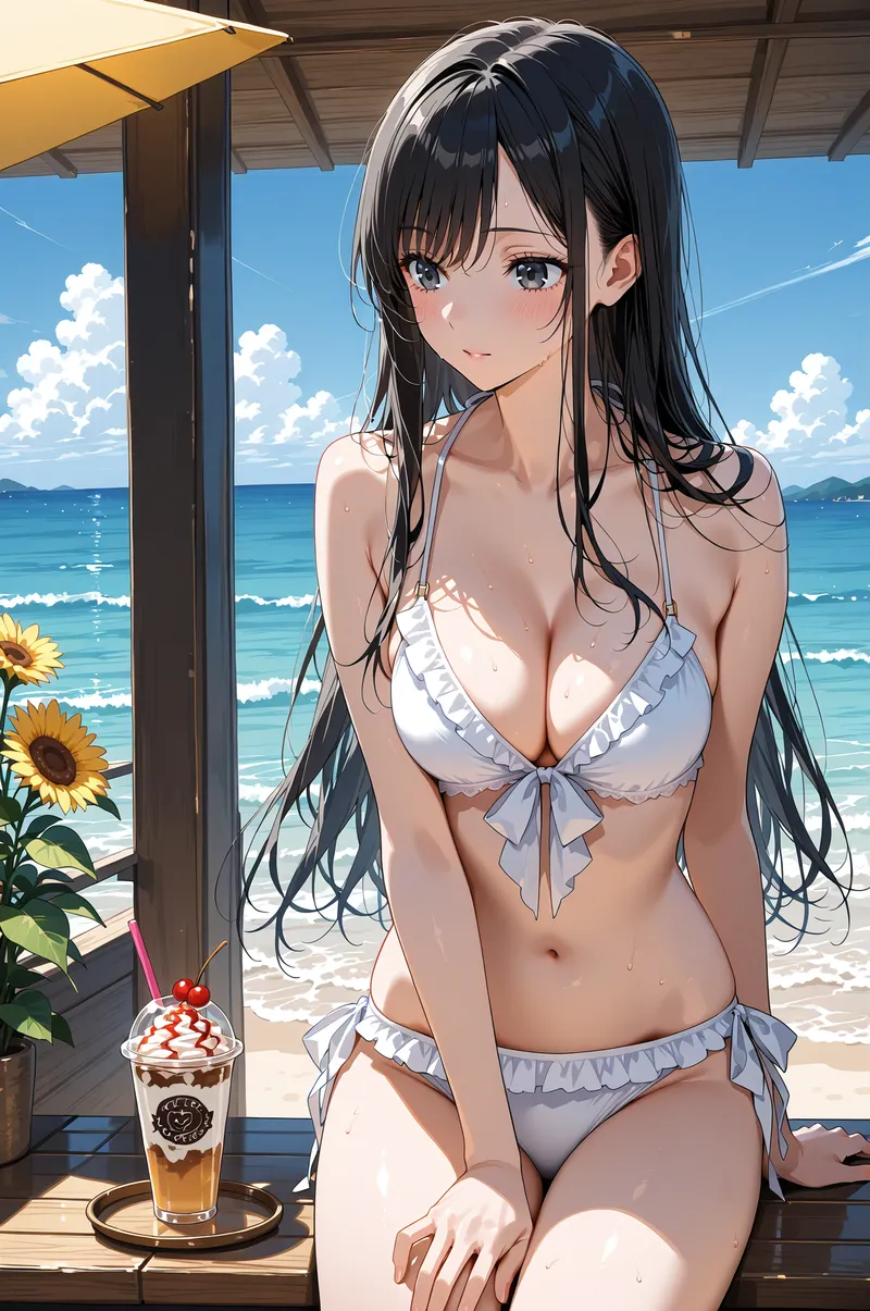 黒髪のアニメ調美少女が、青く澄んだ海を背景にしたビーチサイドテラスでリラックスしている。白いビキニと黄色い傘、ひまわりの装飾に囲まれた夏らしいシーン。涼しげな飲み物を傍に置いた素敵なポートレートです。