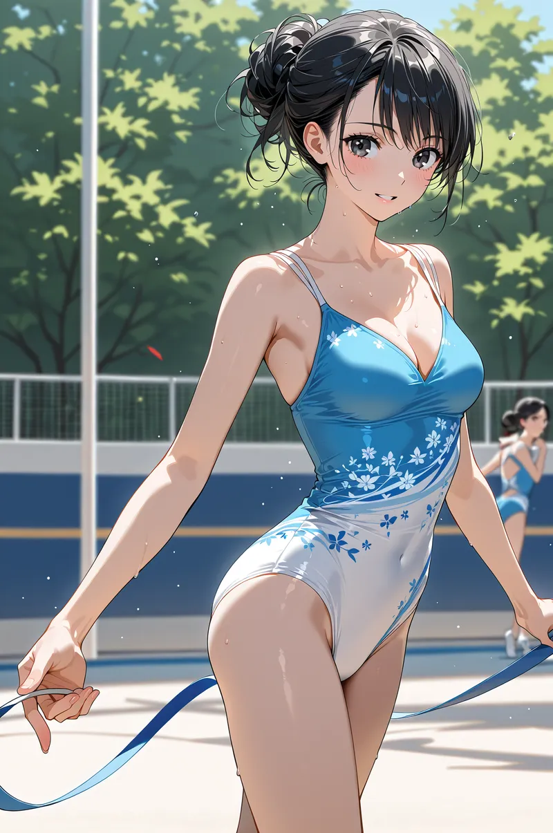 緑の木々に囲まれた青空の下、黒髪をまとめたアップスタイルの美少女が柔らかな笑顔を浮かべています。青と白の花柄デザインの水着姿で、爽やかな夏の日中を背景に、優雅な仕草でリボンを手にするポーズが特徴的です。