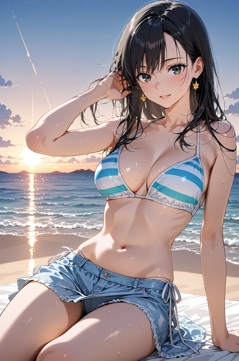 黒髪の美少女がビーチで優雅に佇む。青と白のボーダー水着姿で、夕焼けの海を背景に柔らかな光に包まれた一瞬。爽やかな海風と夕陽の温かみが印象的なアニメイラスト作品です。