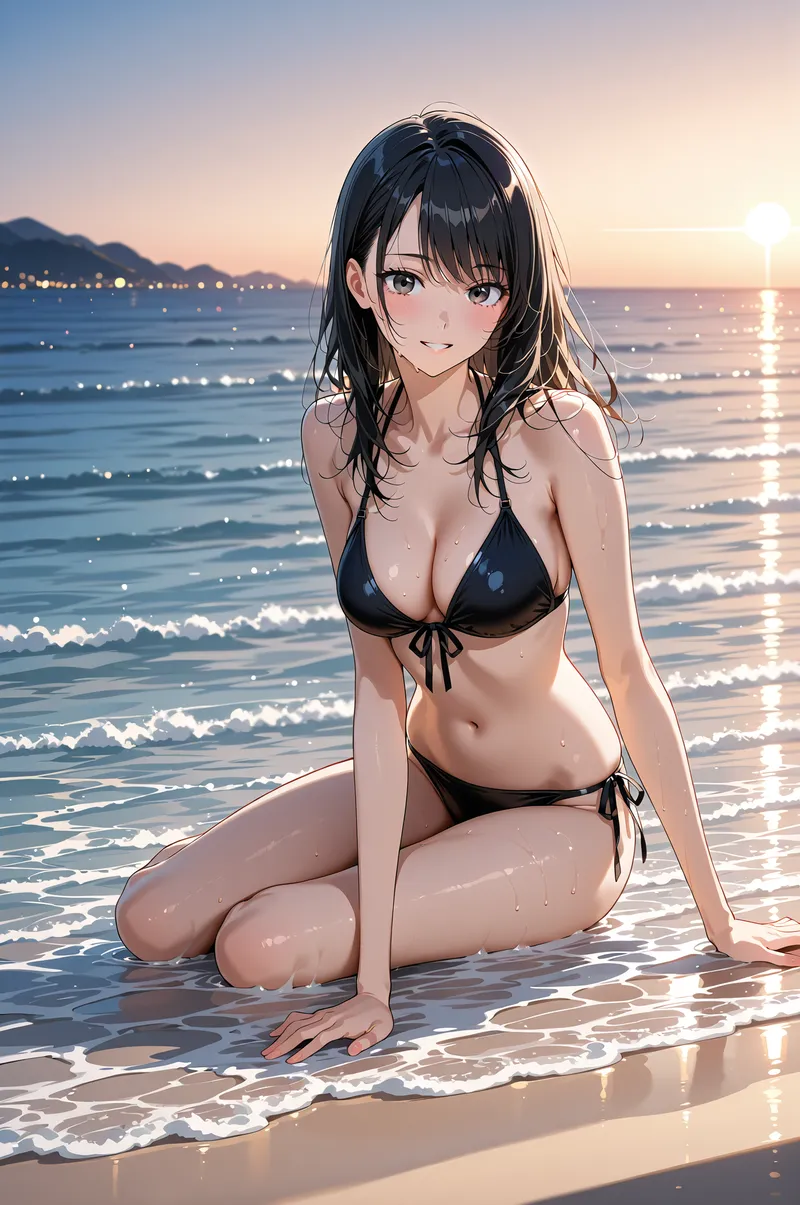 黒髪の美少女が夕日に照らされたビーチで水の中に膝をついています。波が打ち寄せる砂浜で、穏やかな表情を浮かべた姿が夕焼けと海に映える自然なポートレートです。