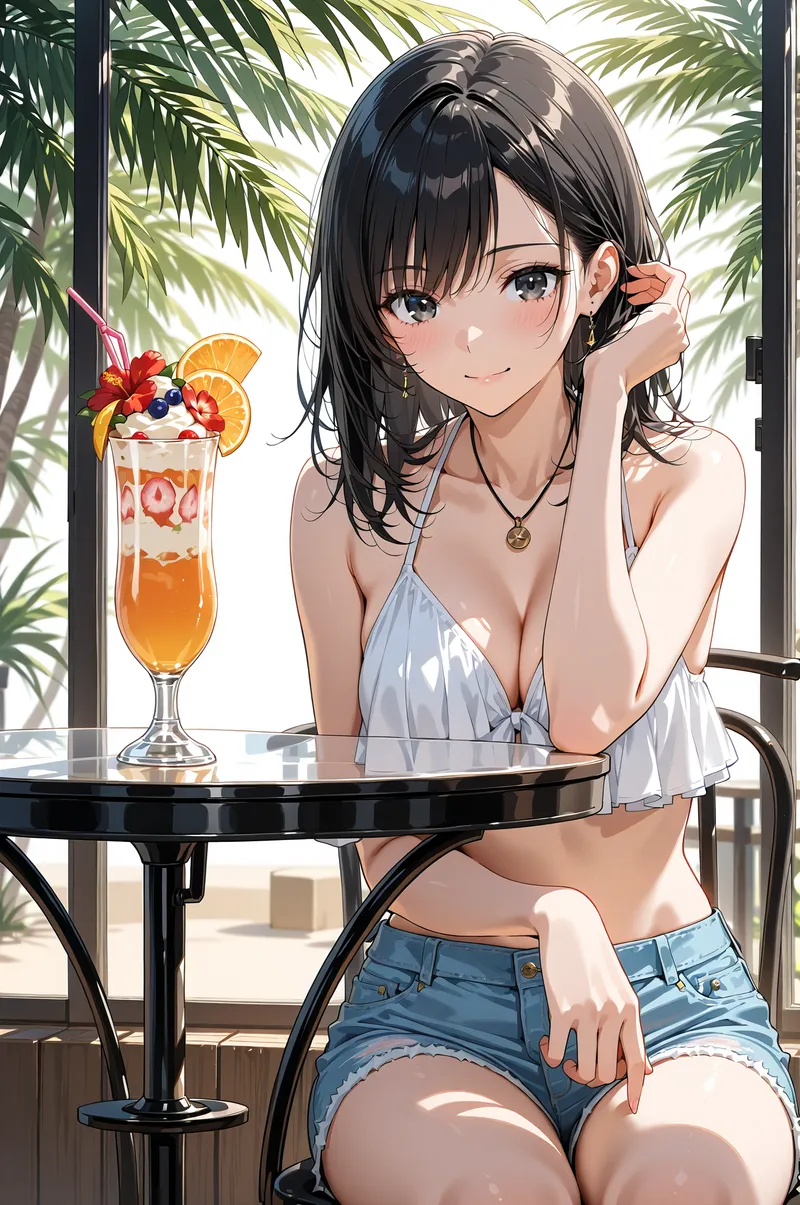 南国風のカフェテラスで、黒髪の美少女がカラフルなフルーツカクテルを前に笑顔を見せています。窓の外のヤシの木と柔らかい陽光が、爽やかで明るい雰囲気を引き立てるアニメ調イラストです。