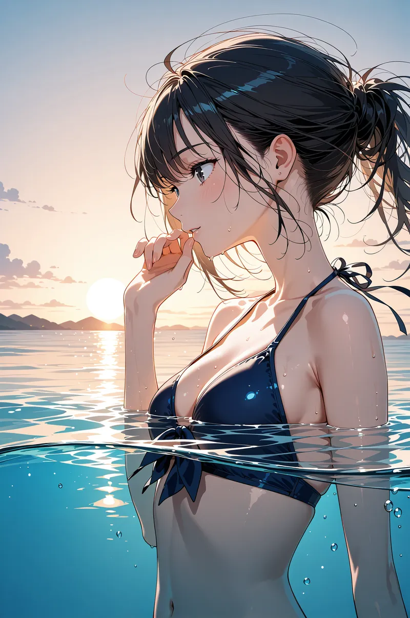黒髪をまとめたツインテールの美少女が、夕焼けに染まった穏やかな海に浮かぶ。水面に映る金色の光と澄んだ青い海が、爽やかな表情の横顔ポートレートを引き立てます。