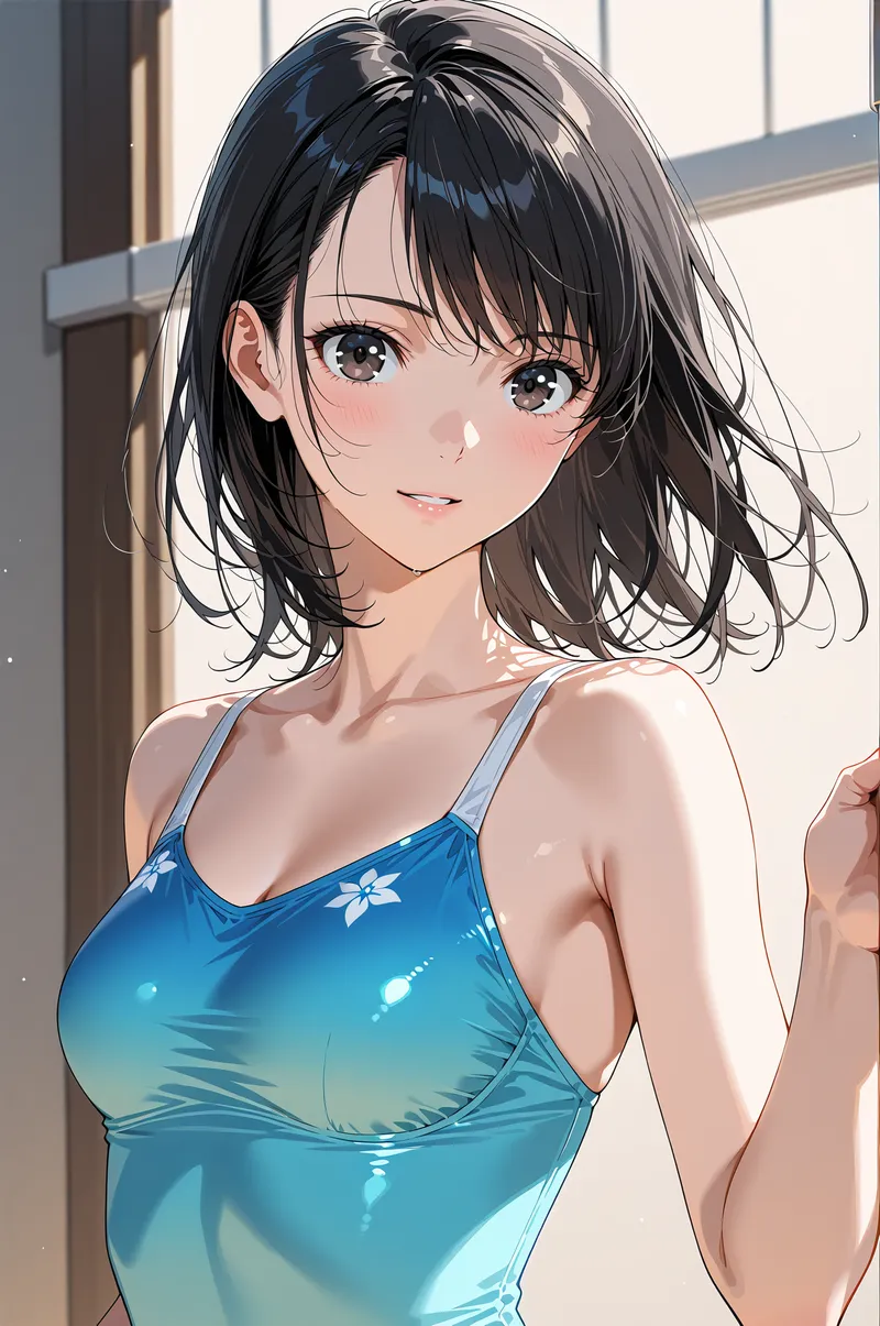 窓辺の柔らかな光の中、黒髪ショートボブに前髪がかかった清涼感のある美少女が微笑む。青い花柄のタンクトップと透明感のある肌が、さわやかな午前の雰囲気を引き立てるアニメ調ポートレートです。