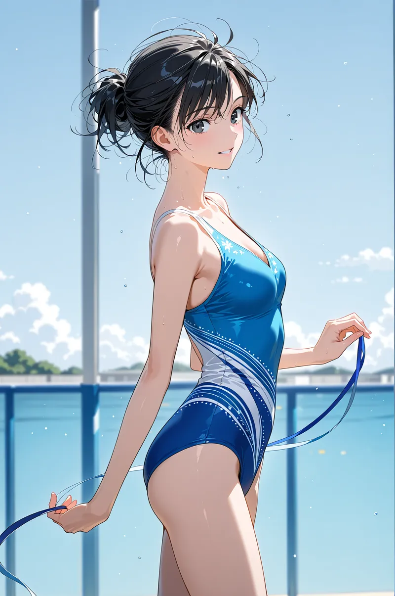 黒髪をまとめた清潔感あふれる少女が、濃紺のワンピースで海辺に立つ夏の情景です。青空と白い雲が背景に広がり、爽やかな風が髪を揺らす優しいアニメ調の一枚。