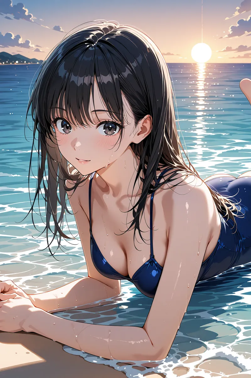 透き通る海と夕焼けを背景に、黒髪の美少女が爽やかな笑顔を見せるアニメ調イラスト。水面に映る光と清涼感あふれる夏の風景表現が魅力です。