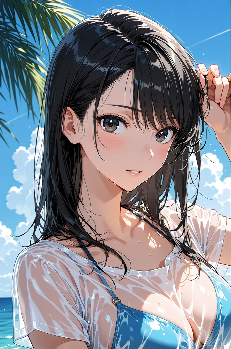 澄み渡った青空と白い雲を背景に、黒いセミロングヘアの少女が爽やかに微笑むアニメ調イラストです。透明感のある肌と大きな瞳が印象的で、海辺のリゾート風の雰囲気が漂う屋外ポートレート作品です。