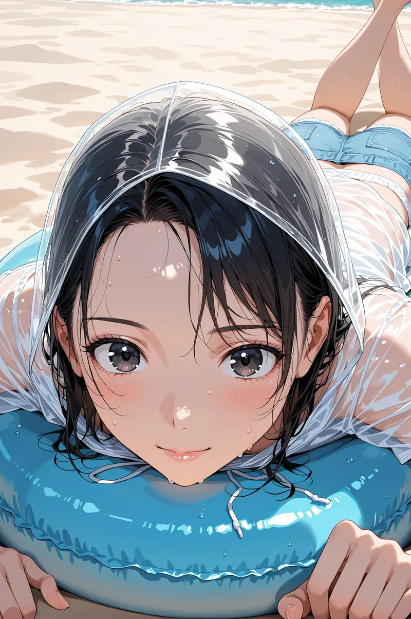 紺色の髪を濡らし、清涼感あふれる青い浮き輪を持って微笑む少女のアニメ調イラスト。真夏の砂浜を背景に、透明感のある肌と瞳がさらに輝いて見えます。
