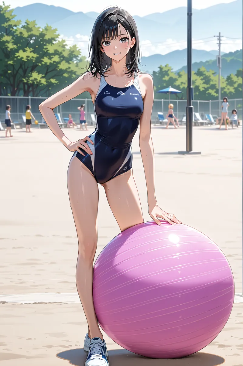 山々に囲まれた屋外の広場で、黒いスポーツウェアを身に着けた黒髪の美少女がピンクのバランスボールを持ってポーズを取っています。爽やかな笑顔と自然光に照らされた明るい表情が印象的です。
