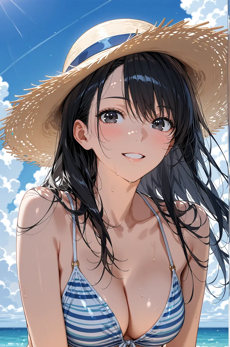 青空と波打つ海を背景に、麦わら帽子をかぶった黒髪の少女が爽やかな笑顔を浮かべています。ボーダー柄の水着姿で、夏の日差しを浴びる開放的な雰囲気が引き出された一枚です。