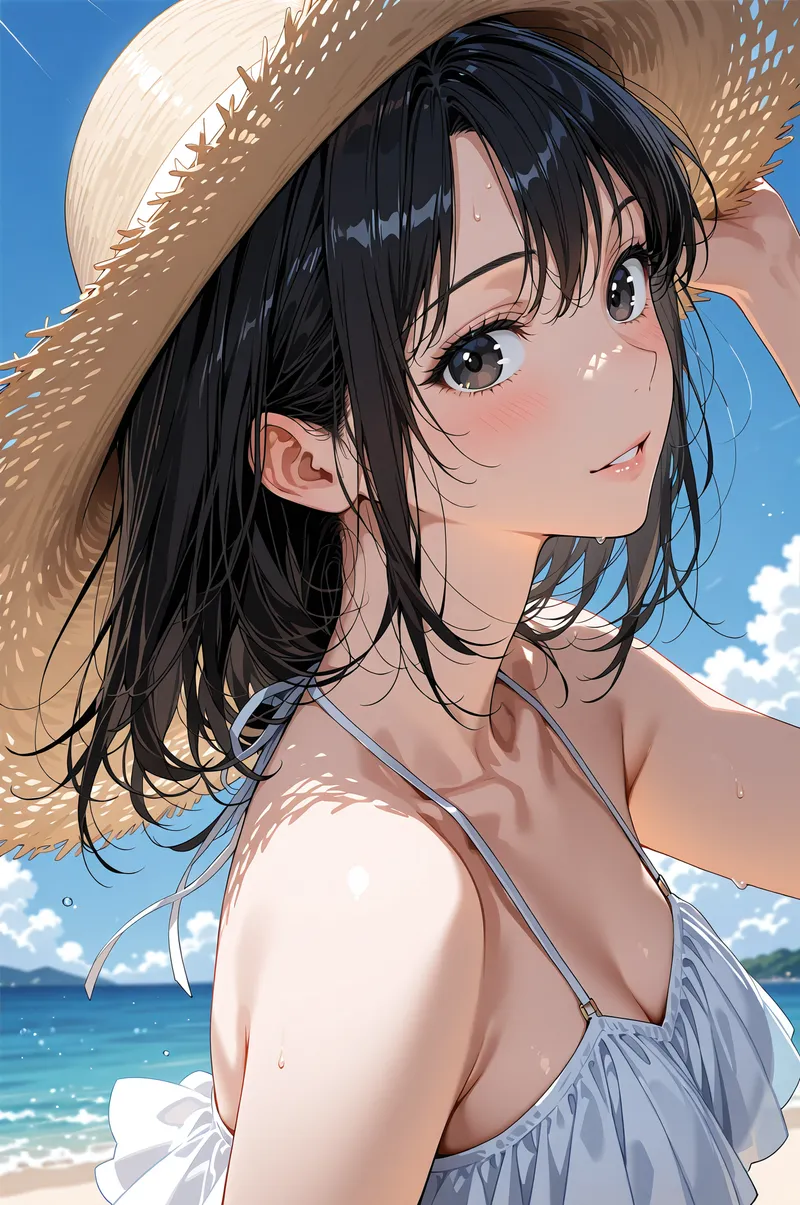黒髪が涼しげに揺れる美少女が、大きな麦わら帽子を被りながら海辺で笑顔を浮かべています。青い空と輝く海を背景に、白いワンピースで爽やかな夏の雰囲気が漂うアニメ調イラストです。