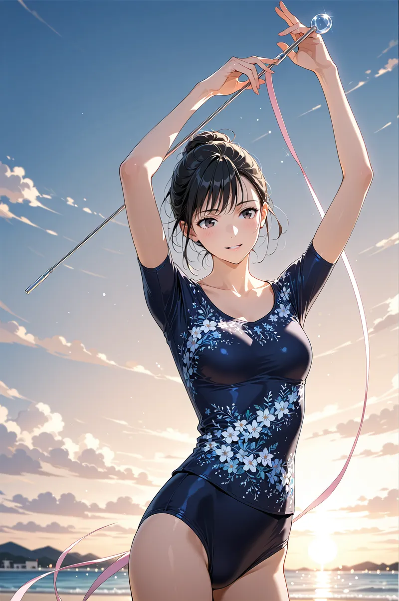 青い空を背景に、白い花柄が映える濃紺の衣装を身にまとった少女が、輝く魔法の杖を高く掲げています。爽やかな笑顔と、ピンク色のリボンが風になびく動きのある構図が印象的なアニメ調のポートレートです。