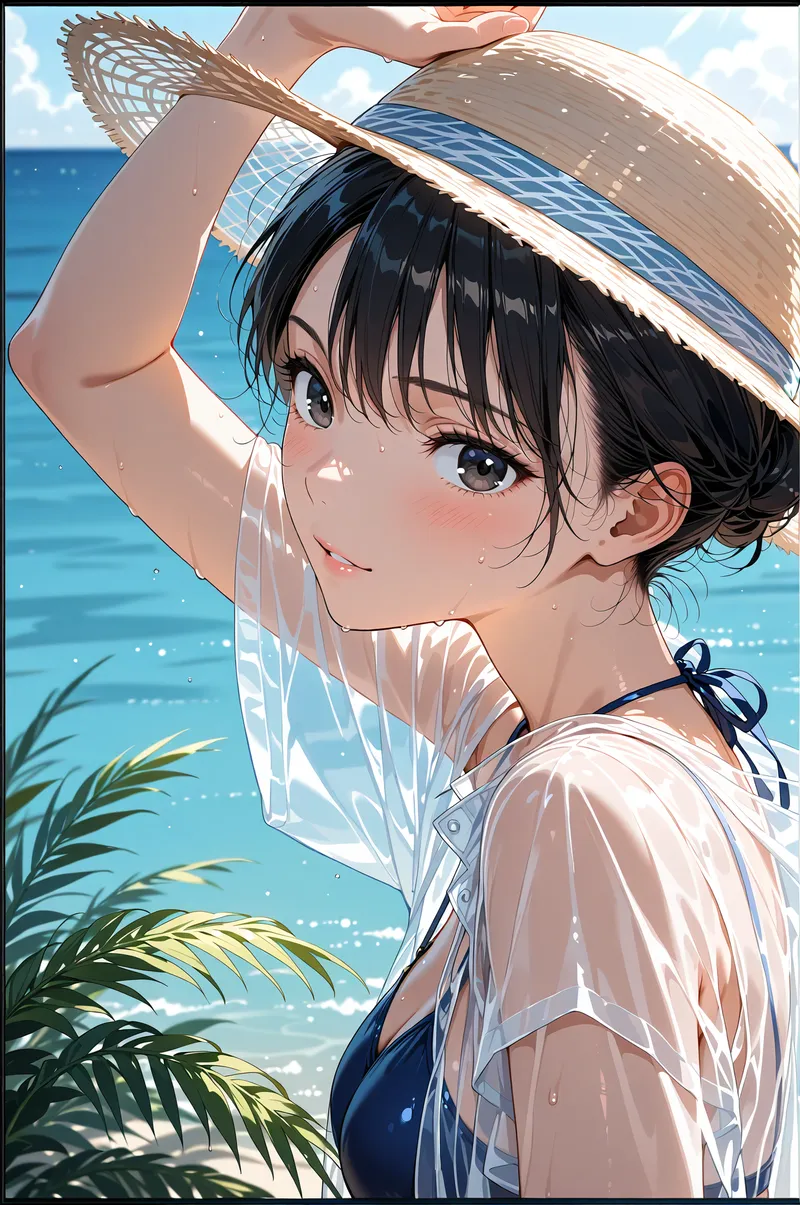 透明感のある肌と黒髪が印象的な美少女が、麦わら帽子を手で支える夏らしいシーン。青い海と椰子の葉が背景に映る爽やかなアニメ調イラストで、白いシャツから覗く肩紐の装いが季節感を引き出しています。