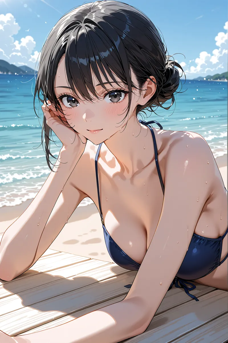 爽やかな晴天の海岸で、黒髪をまとめた少女がリラックスした表情で佇んでいます。波打つ砂浜と青い空が広がる自然あふれる風景の中で、清涼感あるアニメ調の透き通った瞳が印象的です。