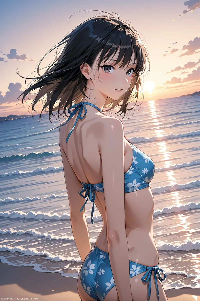 黒髪にあどけない表情の美少女が、夕日に染まる海辺で振り返る姿を捉えたポートレート。青い花柄の水着と波打つ海の光が織りなす、ノスタルジックで穏やかな夏の情景です。