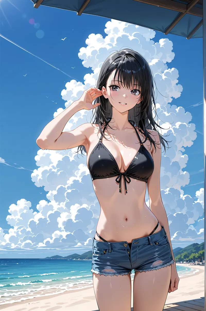 青空と白い雲が広がるビーチで、黒髪の少女がリラックスした表情を浮かべています。爽やかな夏の日中、海と砂浜を背景に、開放的な空間での自然な姿態を捉えたアニメ調イラストです。