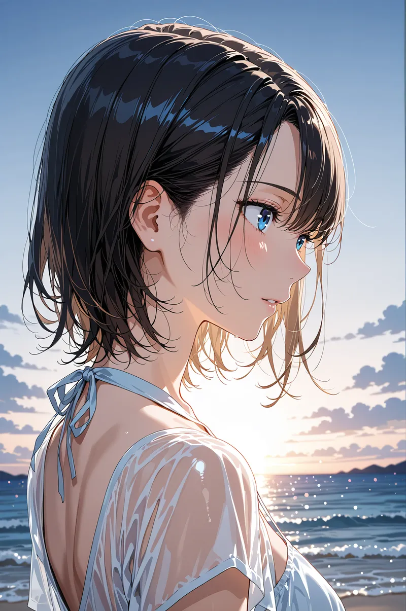 黒髪のミディアムヘアをなびかせ、青い瞳で振り返る清楚な表情が印象的です。白いシャツに青いリボンをまとい、夕焼けに染まる海を背景とした屋外ポートレートイラスト。