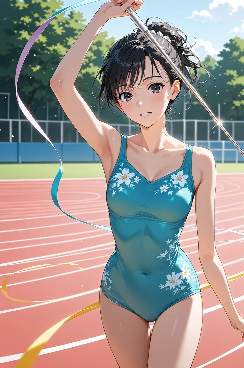 紺色の花柄スポーツウェアに身を包み、陸上トラックの上で爽やかな笑顔を見せる美少女のイラストです。黒い髪をまとめ、リボンを優雅に掲げた構図で、夏の運動会の躍動感あふれる瞬間を表現しています。