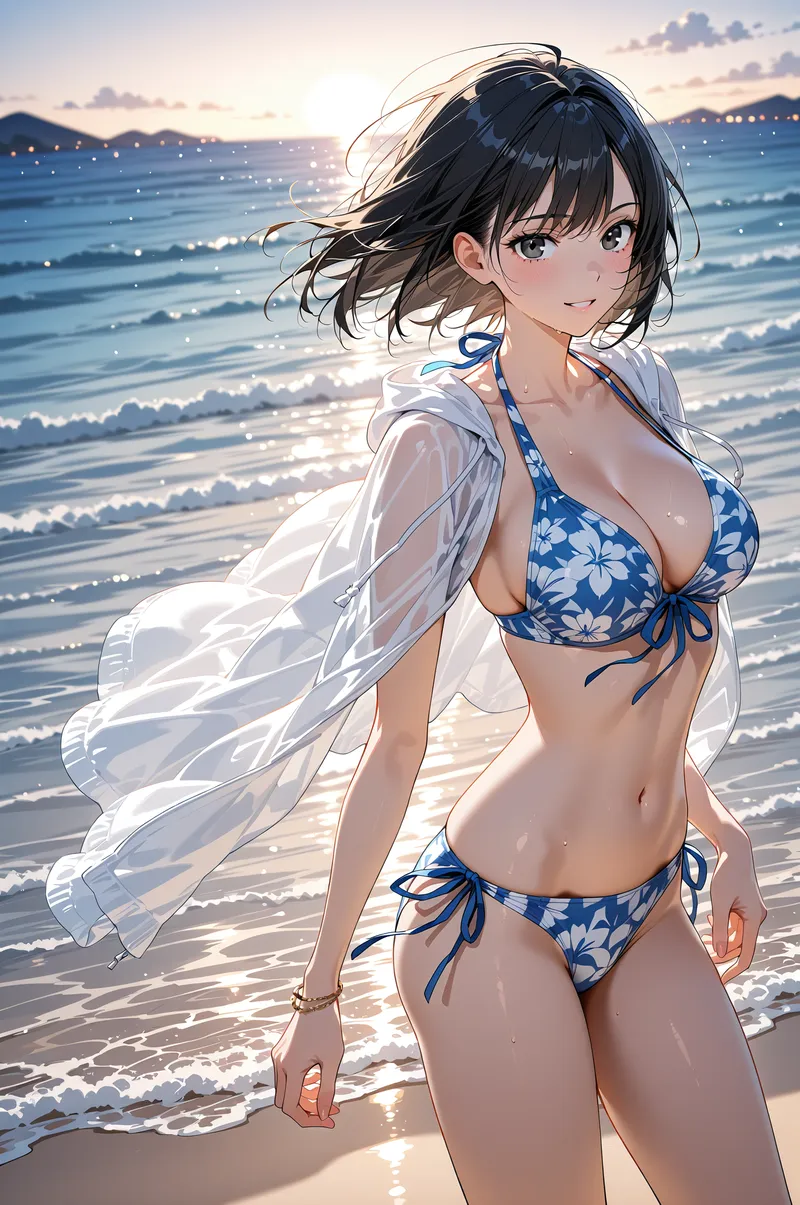 夕焼けの海を背景に、黒髪が優しく揺れる美少女が振り返る姿。紺色の花柄ビキニに白いシャツを羽織った爽やかな夏の装いで、波打ち際に立つ素敵なショット。
