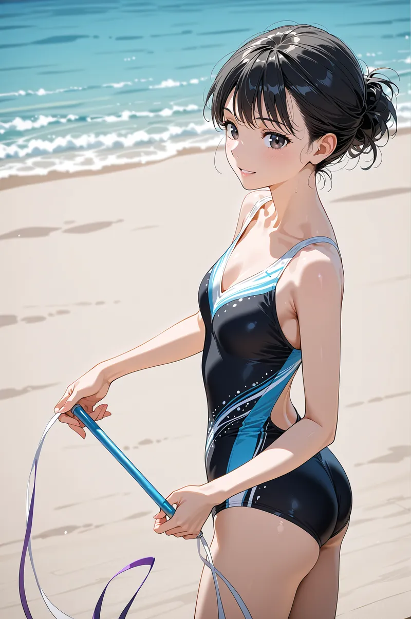 黒と青のスポーティな水着姿で、砂浜に立つ美少女のアニメイラスト。後ろ髪をまとめたヘアスタイルと清潔感のある表情が印象的で、澄んだ海と空のリゾート背景とよく調和した夏らしい一枚です。