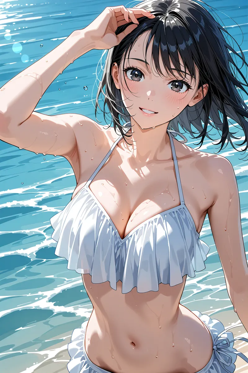 青い海を背景に、白いフリル水着で髪に手をそえながら微笑む美少女のポートレート。鮮やかな水色の光が躍動感あふれる夏の風景を演出しています。