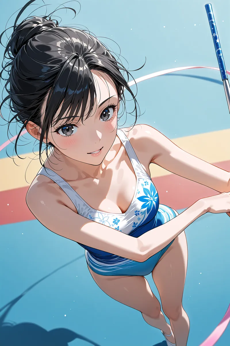 黒髪をまとめたアップスタイルが爽やかな美少女が、青と白の花柄ビキニを身に着けて、澄んだ水のほとりで楽しげな表情を浮かべています。夏らしい淡色の背景と光の効果が、涼しさと開放感を引き出したアニメ調ポートレートです。