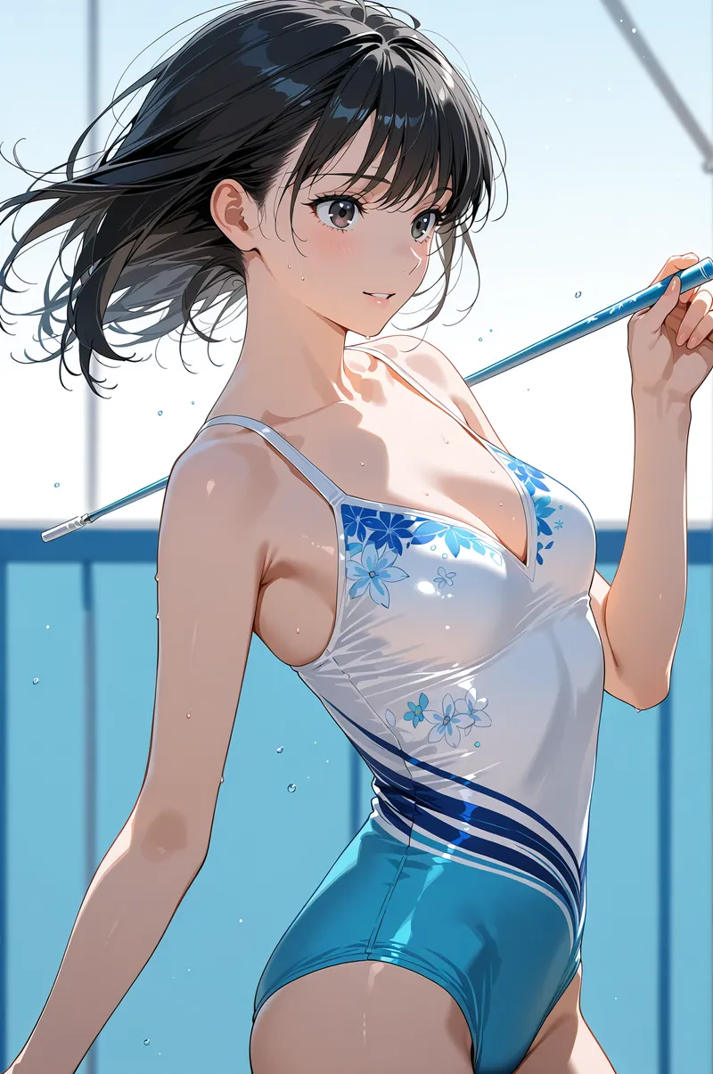 黒髪をなびかせた爽やかな表情の美少女が、青い花模様の水着姿で絵の具を持つポートレート。白を基調とした明るい背景と水のしぶきが、夏らしい涼しげな雰囲気を演出しています。