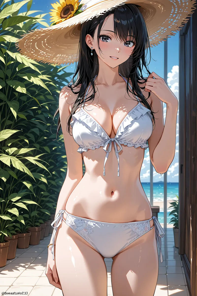 青空と海を背景に、麦わら帽子をかぶった黒髪の少女が白いビキニの水着姿で微笑む。葉のついた観葉植物と太陽光が織りなす優雅な夏の空間表現です。