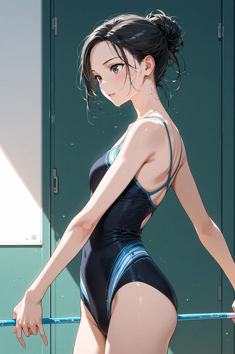 黒とブルーのスポーツウェアを身につけた美少女が、窓辺で横向きに佇む清涼感あるアニメ調イラスト。黒髪をまとめた髪型と瞳の色合いが洗練された印象を与える作品です。