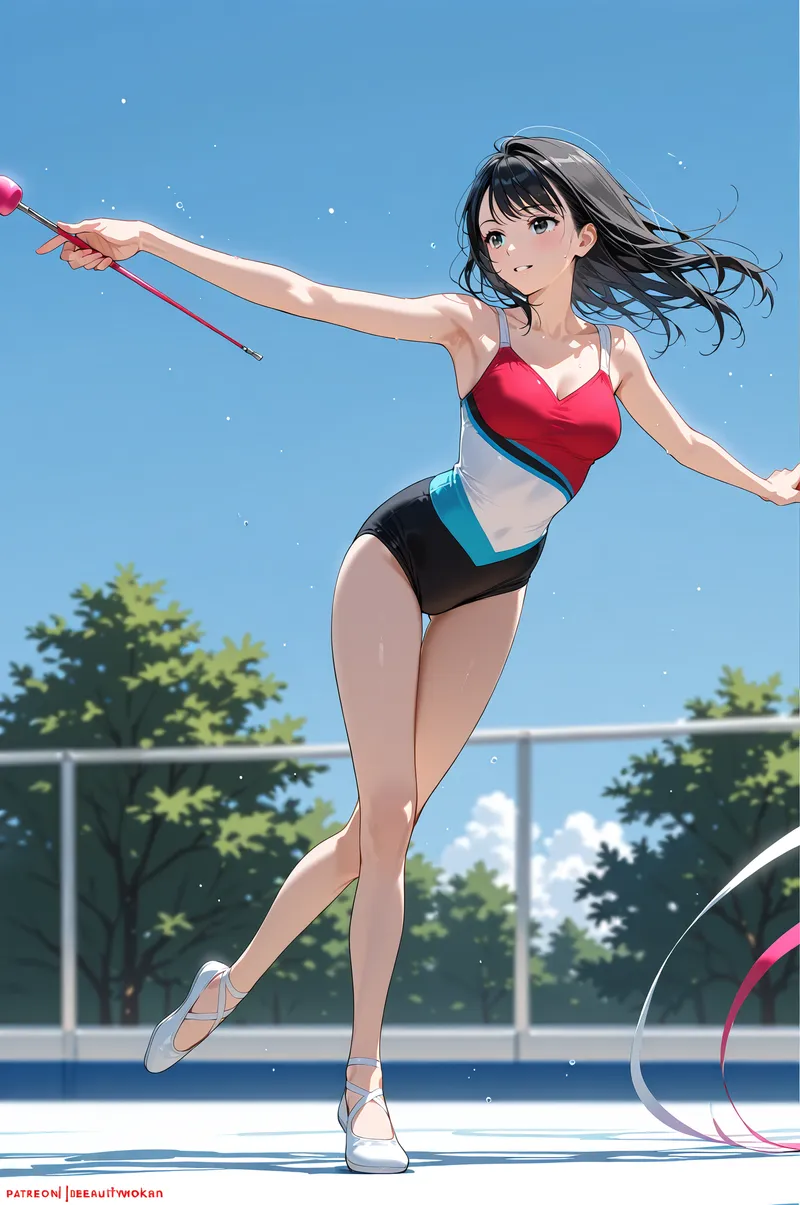 清々しい青空の下、赤いリボンを優雅に操る少女のポートレート。屋外のスポーツ施設で、元気に体を動かす笑顔の表情が魅力的。爽やかな背景と躍動感のある構図が印象的なアニメ調イラストです。