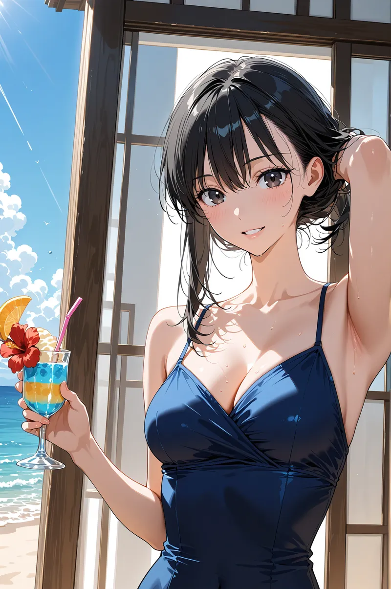 青い空と海を背景にしたテラスで、紺色のワンピースを身に纏った黒髪の少女がカラフルなカクテルを片手に優雅に佇んでいます。柔らかな日差しが肌に降り注ぎ、穏やかな笑顔が印象的なアニメ調イラストです。