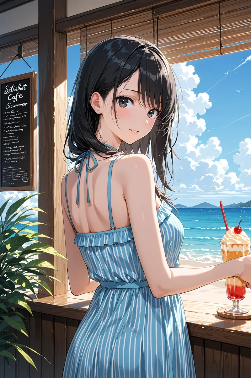 紺色のストライプワンピースを身に纏った黒髪の美少女がビーチ沿いのカフェで振り返る一瞬を捉えたアニメ調イラストです。爽やかな青い海と空、冷たいドリンクに囲まれた夏の情景の中で、清潔感のある優しい表情が魅力的に描かれています。