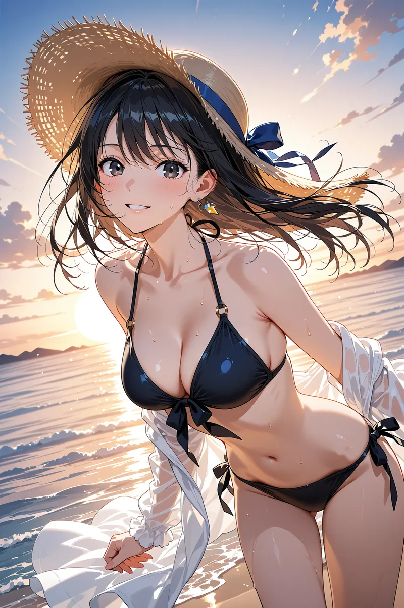 麦わら帽子をかぶった黒髪の美少女が、夕焼けの海岸で笑顔を見せるアニメ調イラストです。白いシャツを羽織り、青いリボンが風になびく爽やかな夏の一シーンが描かれています。