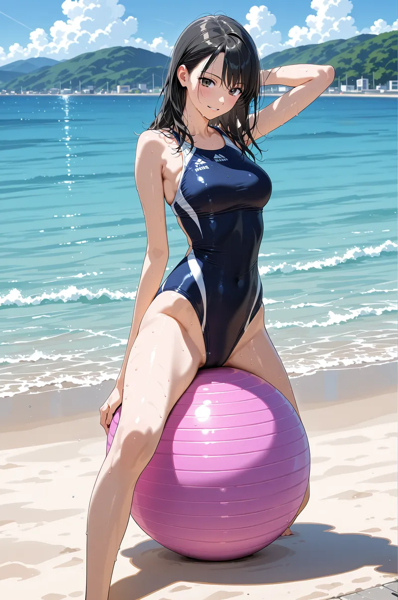 青い海と白い雲が映える晴天の浜辺で、黒髪の少女がスポーティなネイビー水着を着て佇んでいます。爽やかで明るい夏の雰囲気が印象的なアニメ調イラストです。