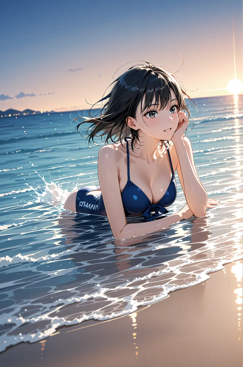 黒髪がそよ風になびく美少女が、夕日に輝く海の浅瀬で静かに佇んでいます。紺色の水着姿で、波打ち際の水しぶきが光に照らされ、黄金色に輝く夏の風景を切り取ったアニメ調の一枚です。