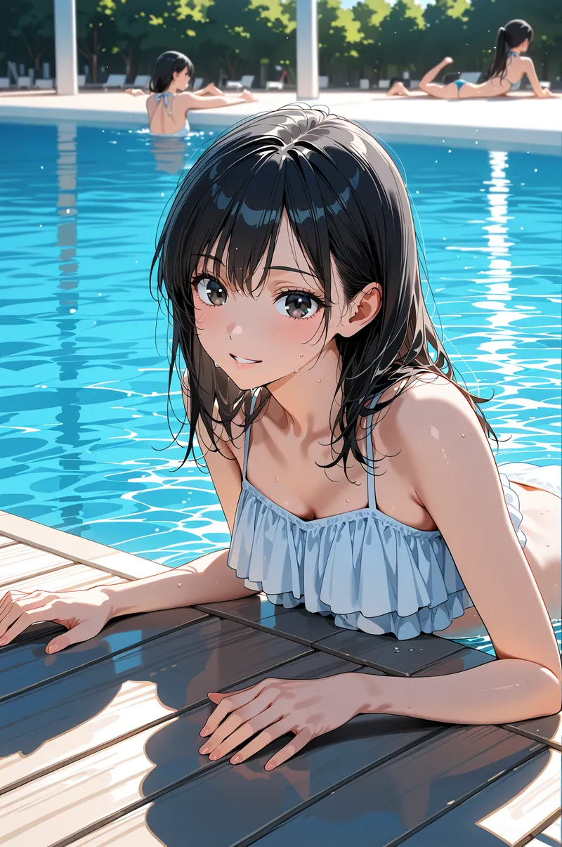 青く輝く屋外プールサイドで、黒髪に爽やかなカットを見せる少女がデッキに寄りかかり穏やかな表情で微笑んでいます。水面に反射する光と緑樹が背景に映り、夏の陽光が包み込む爽涼感あふれる一瞬です。