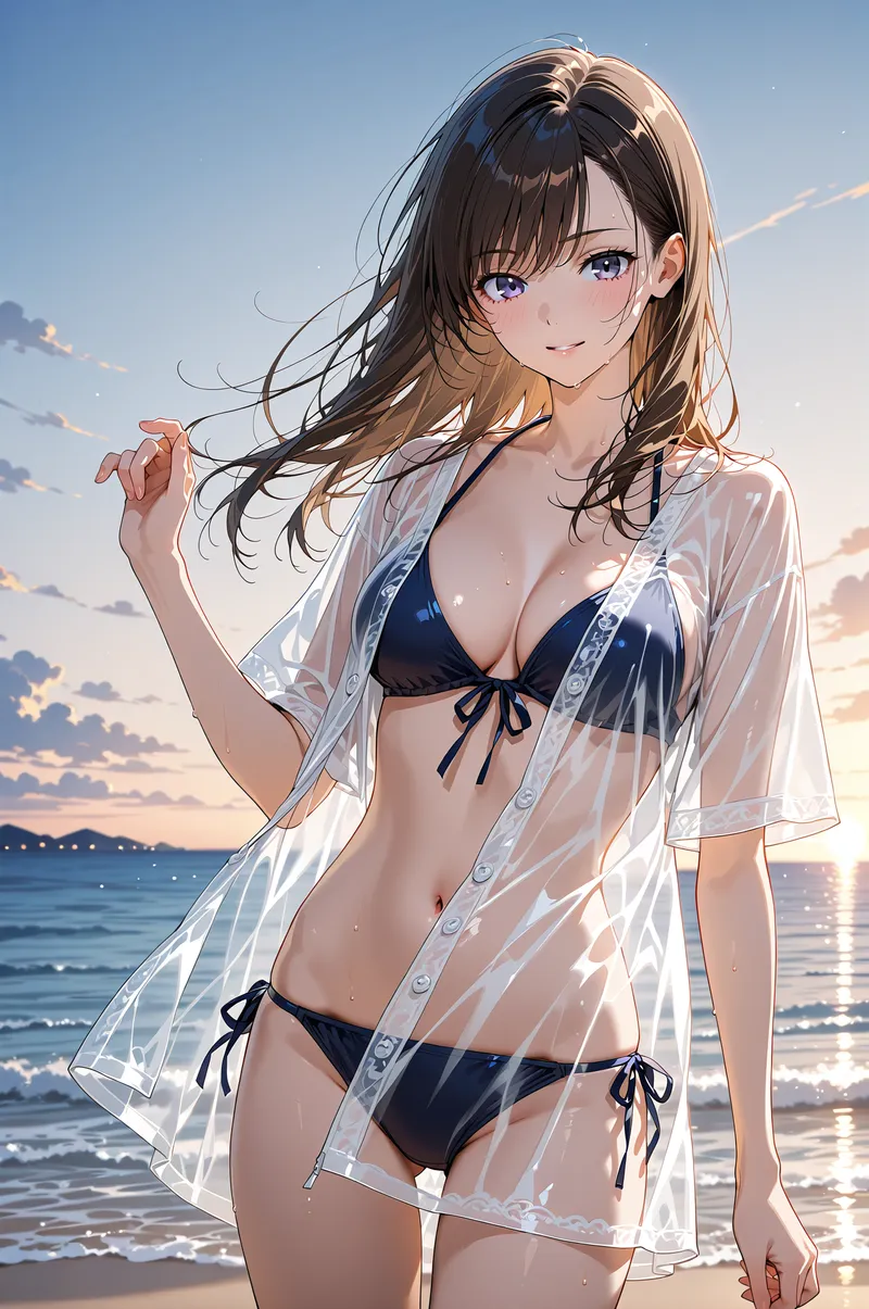 夕日に染まる海を背景に、紺色の水着に薄手の白いシャツを羽織った長髪の少女が優雅に佇んでいます。柔らかな夕焼けの光が彼女の髪と肌に美しく映り込み、海風になびく髪の毛と穏やかな表情が印象的なアニメ調イラストです。