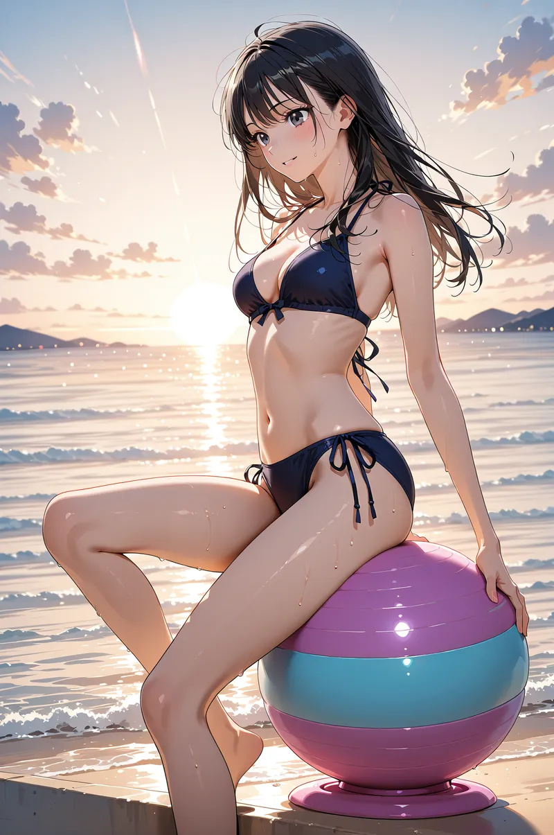 砂浜に立つ黒のビキニ姿の美少女が、カラフルなビーチボールに寄りかかって優雅にポーズを取っています。黄金色に染まった海と空を背景に、柔らかい光が全身を優しく照らす夏の時間です。