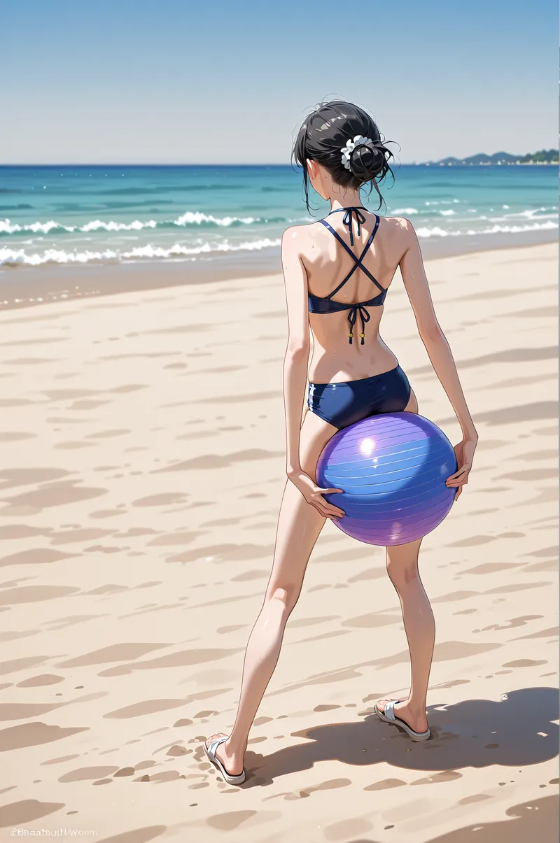 青い海と白砂浜を背景に、濃紺の水着姿で紫のボールを抱える女性のポートレート。黒髪をまとめた髪飾りと爽やかな晴天が、夏のリ�ゾート気分を引き立てています。