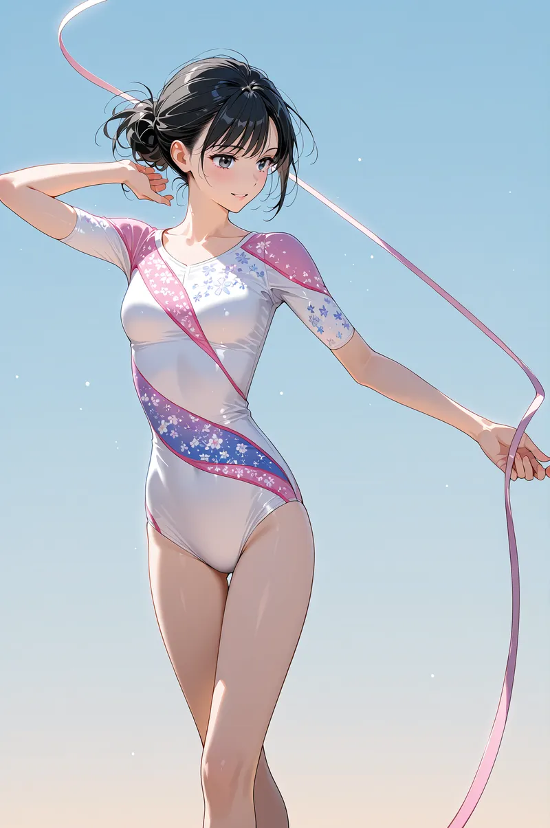 清々しい青空を背景に、黒髪をまとめた少女が気持ちよさそうに佇んでいます。ピンク紫のグラデーション花柄が施された上品な衣装に、流れるリボンをあしらったアニメ調の爽やかなイラスト。