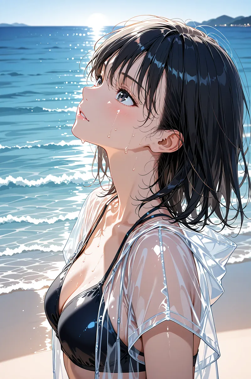 透明感のあるシャツをはおった黒髪の美少女が、きらめく海を背景に上を向いている夏のポートレート。水滴が頬に光る爽やかなアニメ調イラスト。