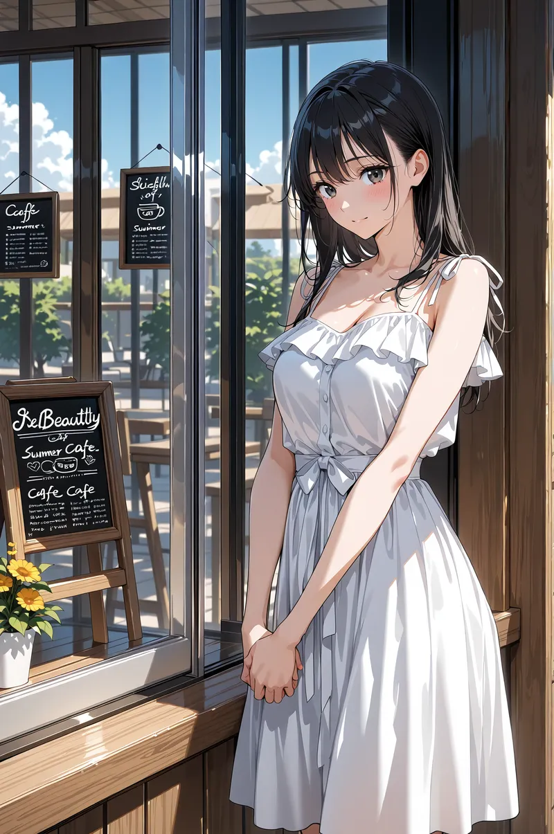 明るい日差しが降り注ぐカフェの窓辺に立つ美少女。淡いグレーとホワイトの優雅なワンピース姿で、黒髪に可愛らしい表情が印象的です。背景には夏のメニューボードと広大な景色が見え、爽やかな雰囲気のアニメ調イラストです。