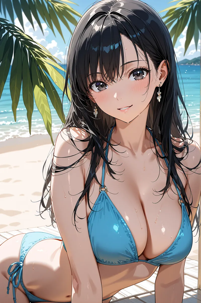青いビキニ姿で砂浜に佇む黒髪ロングヘアの美少女です。輝く瞳と柔らかい表情、ヤシの葉越しに見える青い海と空が夏の開放感を演出しています。